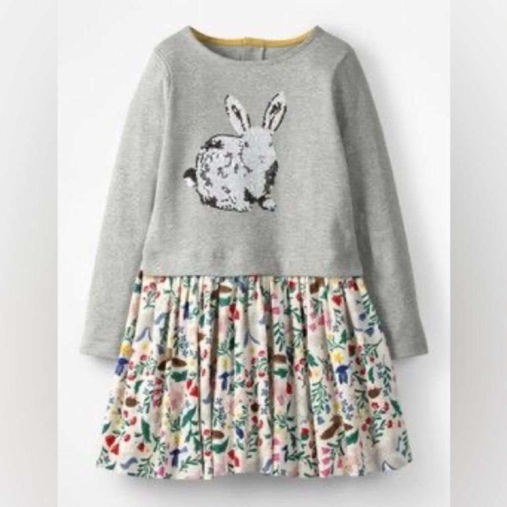 Mini Boden Gray Sequin Bunny Rabbit Peculiar Pets Sweatshirt Dress Easter 3-4T